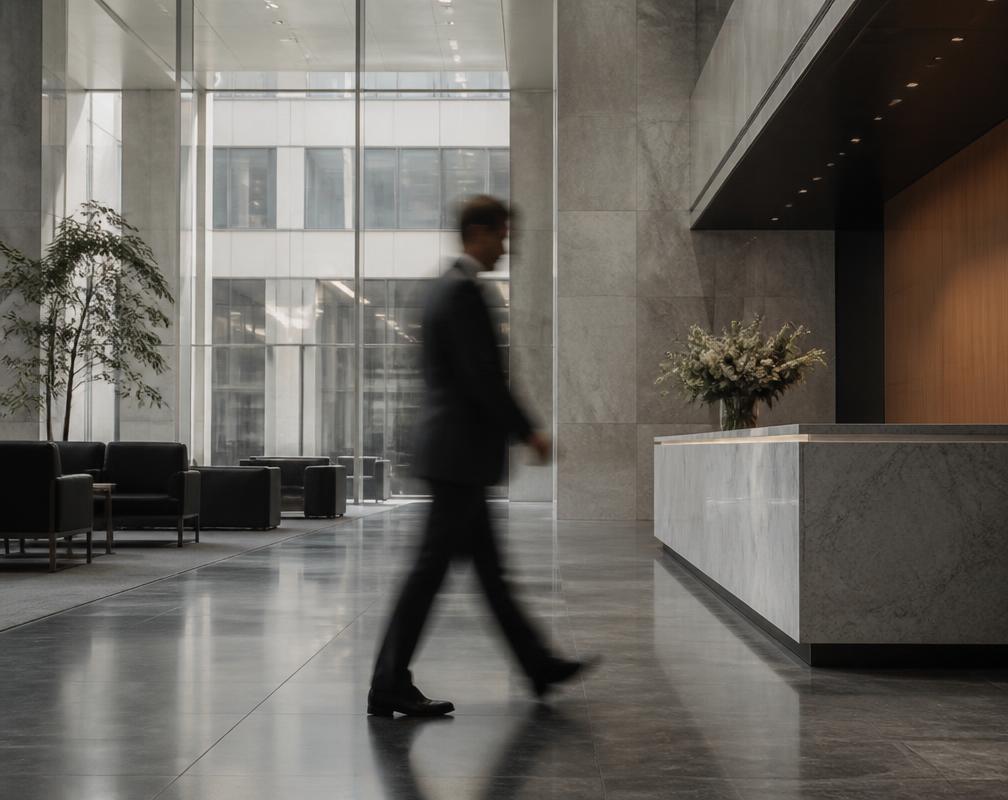 Person walking through a corporate lobby